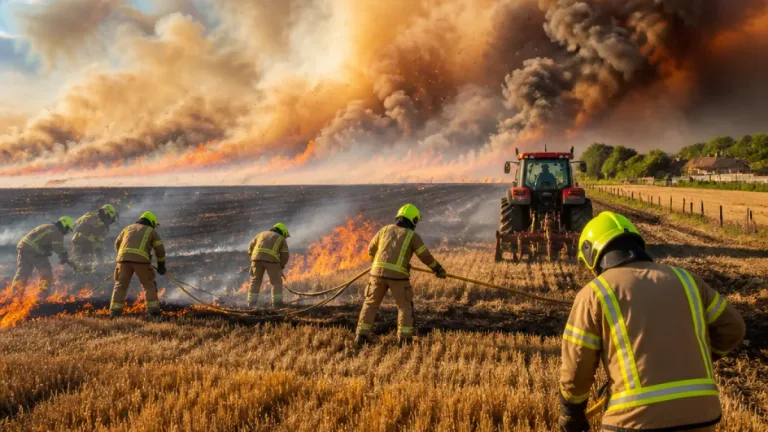 Around 35 firefighters contain wind-driven blaze across three Peakirk fields