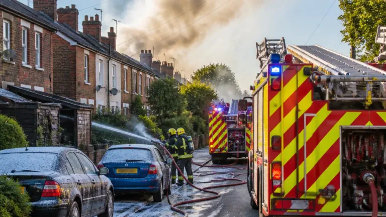 Firefighters tackle shed blaze on Strathmore Road as smoke drifts across Hinckley