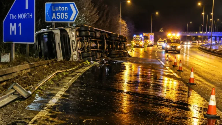 M1 crash near Luton leaves southbound carriageway partly closed after HGV overturns