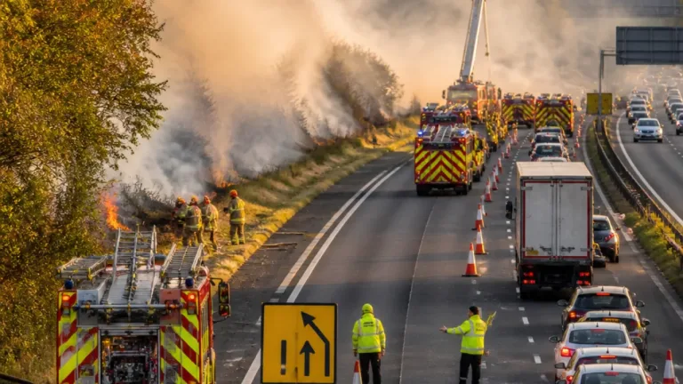Major fire beside M1 forces southbound closure and diversion between Alfreton and Nottingham