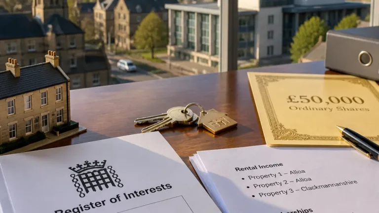 MSP financial registers for Clackmannanshire area show property income and a shareholding
